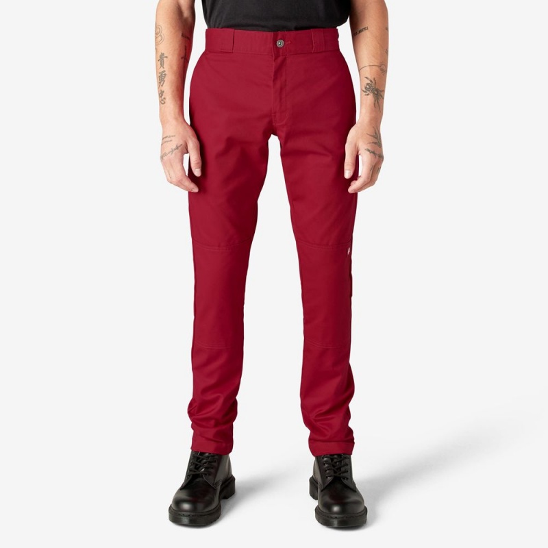 Men\'s Dickies Skinny Fit Double Knee Work Pants Red | 8016274-WT