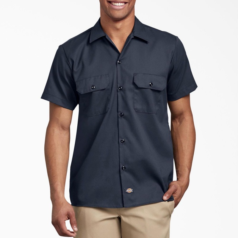 Men\'s Dickies Slim Fit Short Sleeve Work Shirts Navy | 3075189-XH