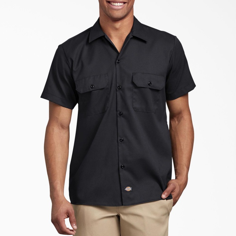 Men\'s Dickies Slim Fit Short Sleeve Work Shirts Black | 9738516-CO