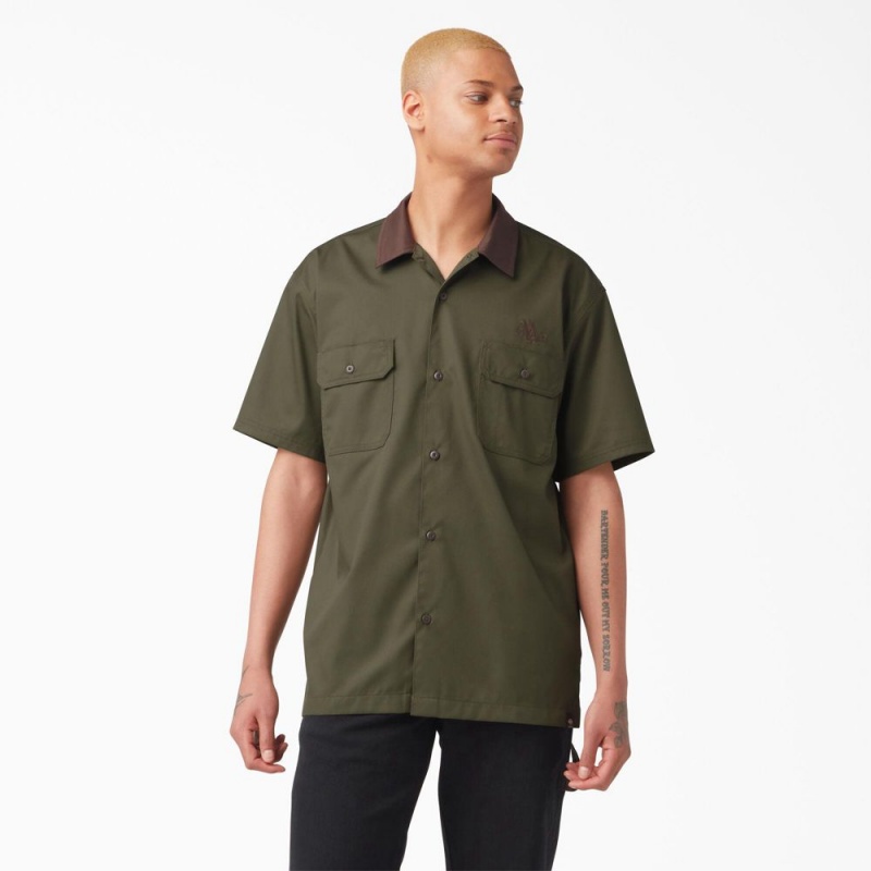 Men\'s Dickies Vincent Alvarez Block Collar Work Shirts Green | 5376281-DW