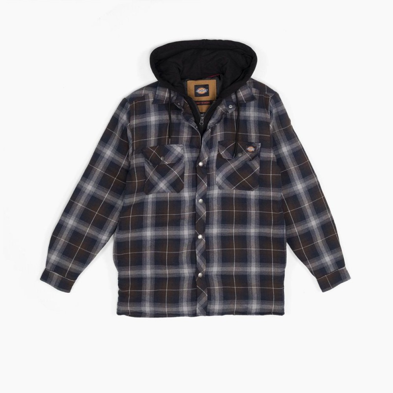 Men\'s Dickies Water Repellent Flannel Hooded Shirt Jacket Navy | 3571046-HB