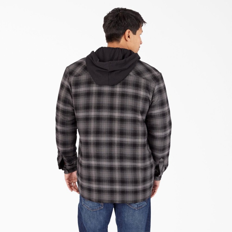 Men's Dickies Water Repellent Flannel Hooded Shirt Jacket Black | 1253796-GT