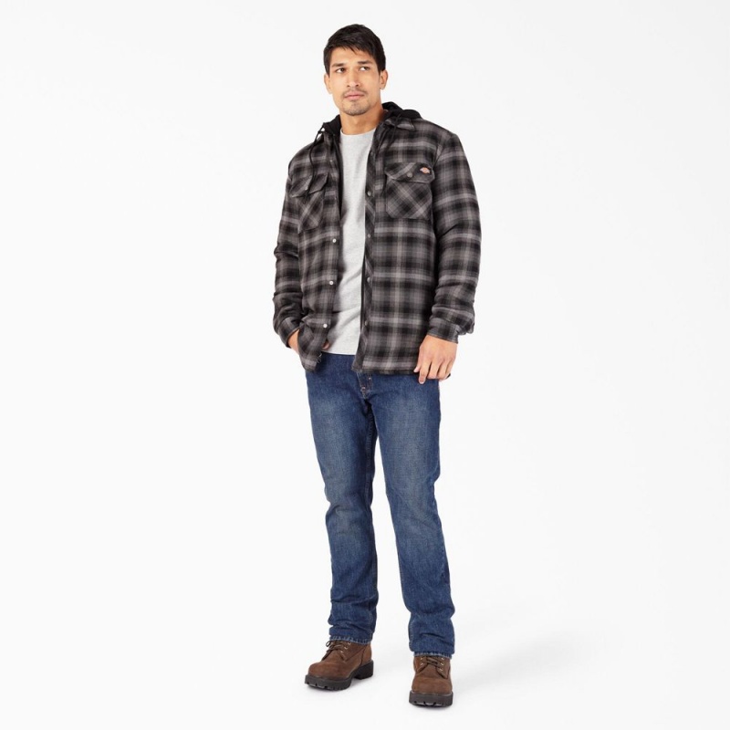 Men's Dickies Water Repellent Flannel Hooded Shirt Jacket Black | 1253796-GT