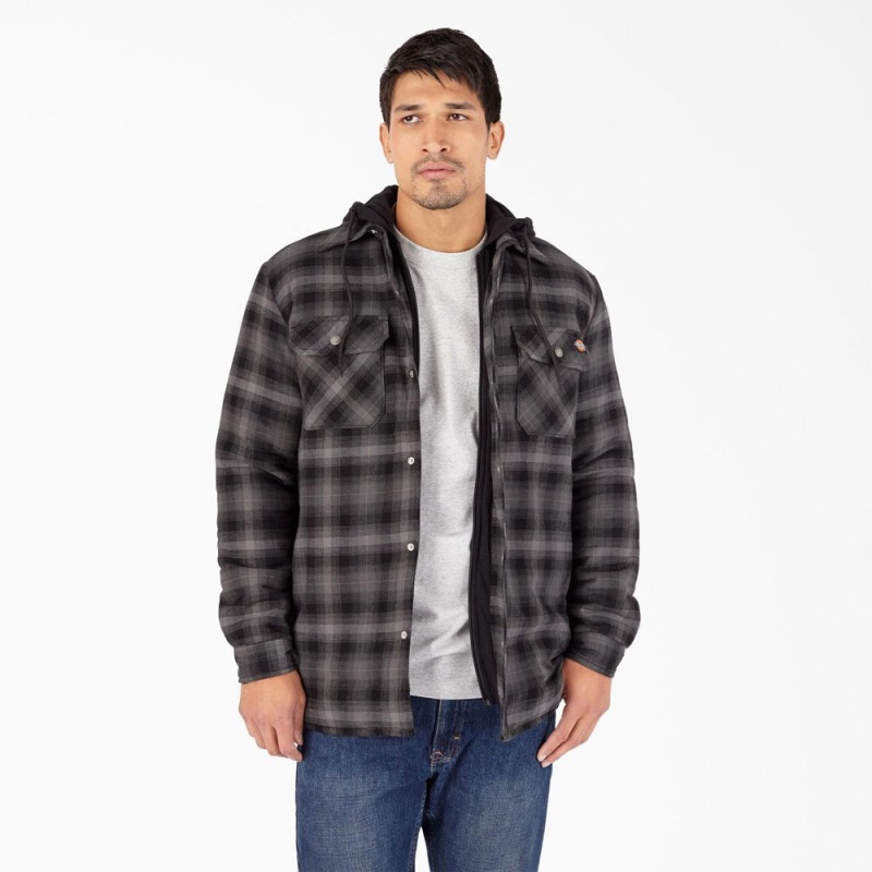 Men\'s Dickies Water Repellent Flannel Hooded Shirt Jacket Black | 1253796-GT