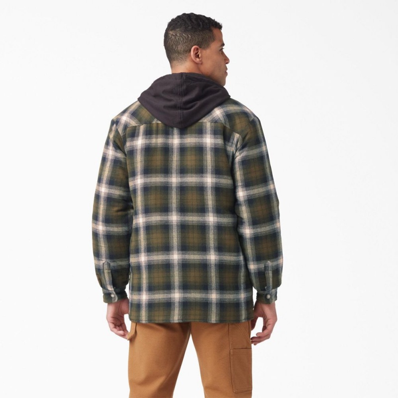 Men's Dickies Water Repellent Flannel Hooded Shirt Jacket Olive | 8460529-MN