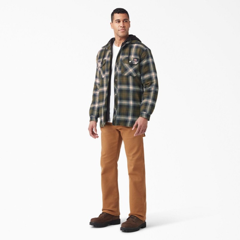 Men's Dickies Water Repellent Flannel Hooded Shirt Jacket Olive | 8460529-MN