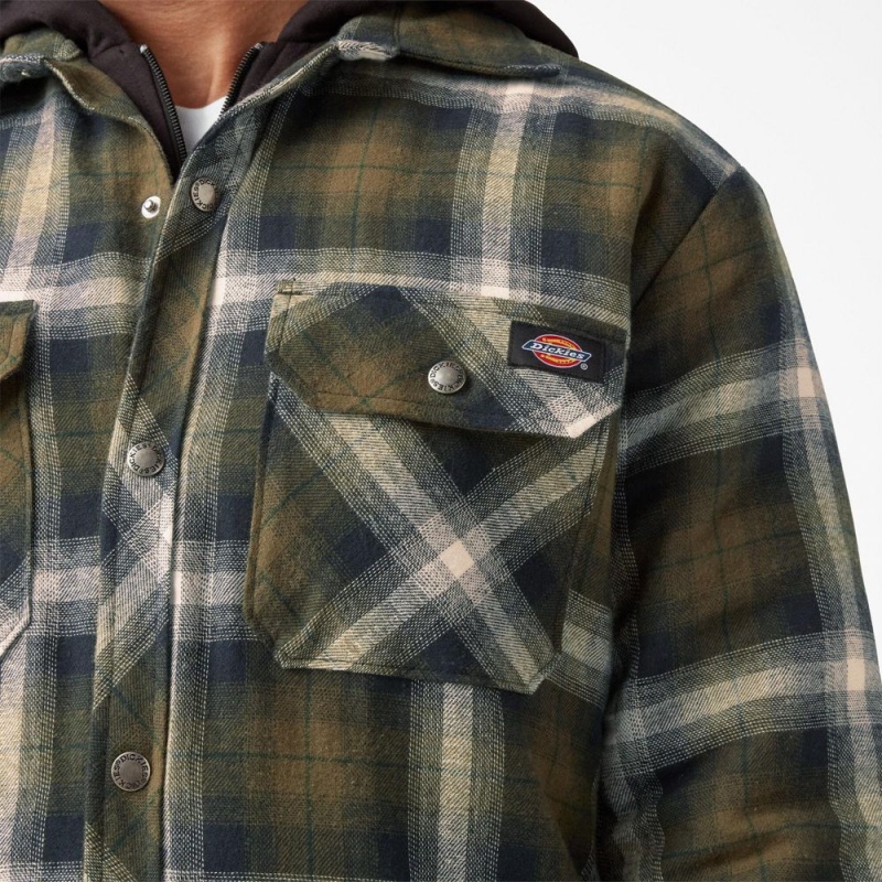 Men's Dickies Water Repellent Flannel Hooded Shirt Jacket Olive | 8460529-MN