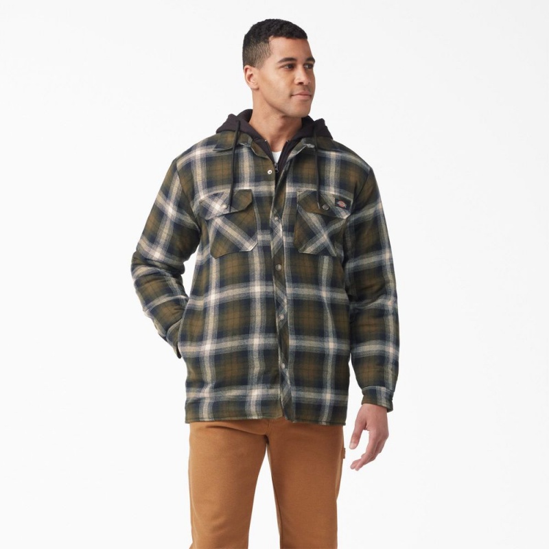 Men\'s Dickies Water Repellent Flannel Hooded Shirt Jacket Olive | 8460529-MN