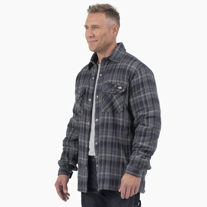 Men's Dickies Water Repellent Fleece-Lined Flannel Shirt Jacket Grey | 0923546-LF