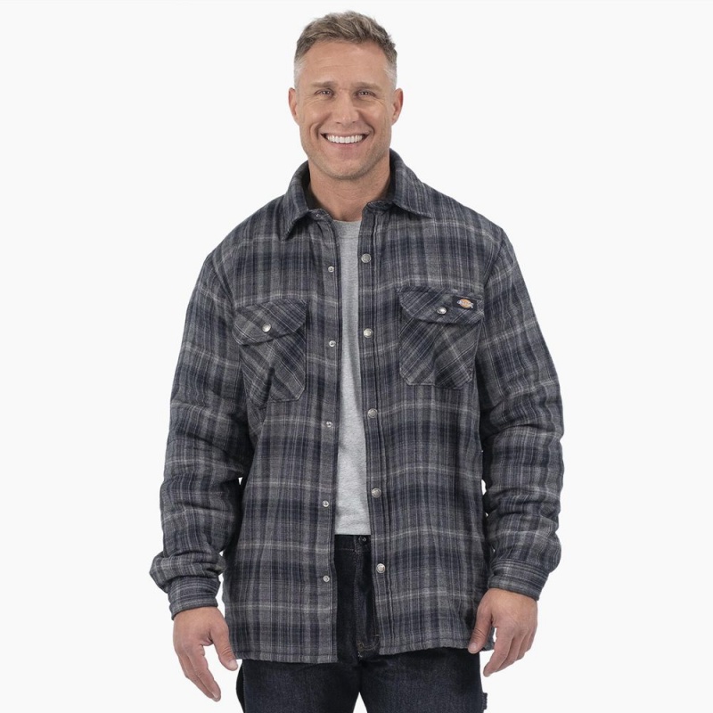 Men\'s Dickies Water Repellent Fleece-Lined Flannel Shirt Jacket Grey | 0923546-LF