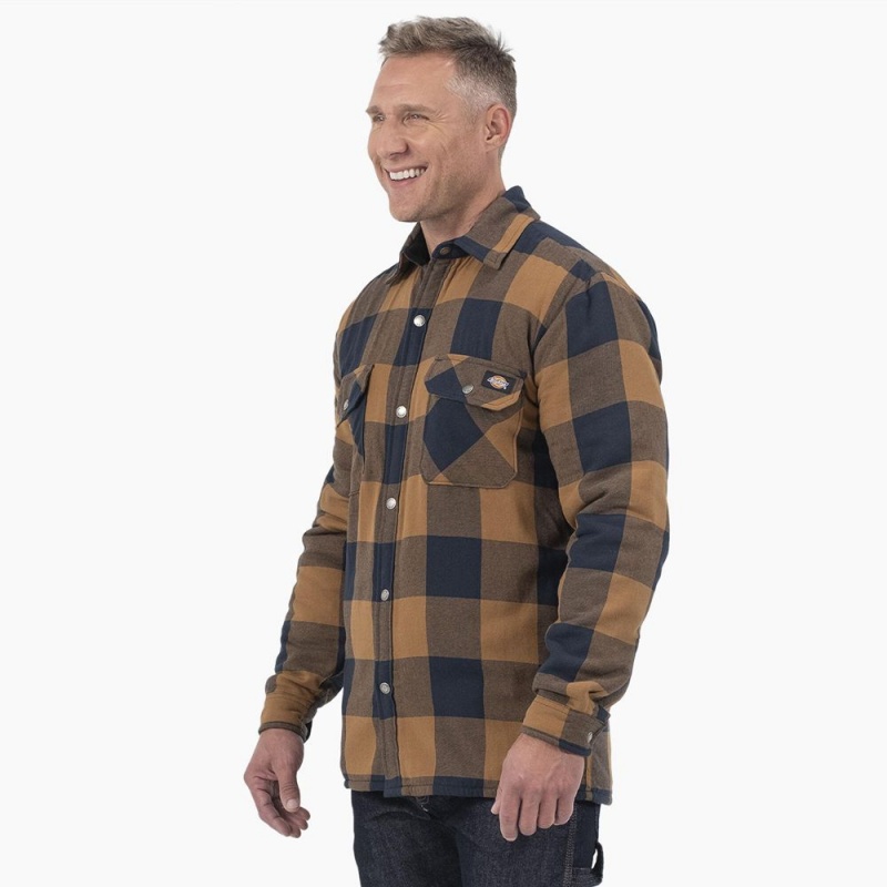 Men's Dickies Water Repellent Fleece-Lined Flannel Shirt Jacket Brown | 9835107-ZN