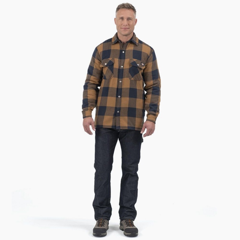 Men's Dickies Water Repellent Fleece-Lined Flannel Shirt Jacket Brown | 9835107-ZN