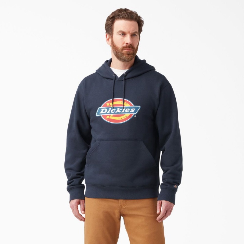 Men\'s Dickies Water Repellent Logo Hoodie Navy | 0351849-MP