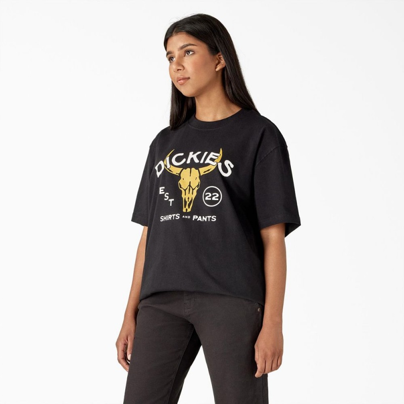 Women's Dickies Bull Skull Heavyweight T-Shirt Black | 2763854-PD