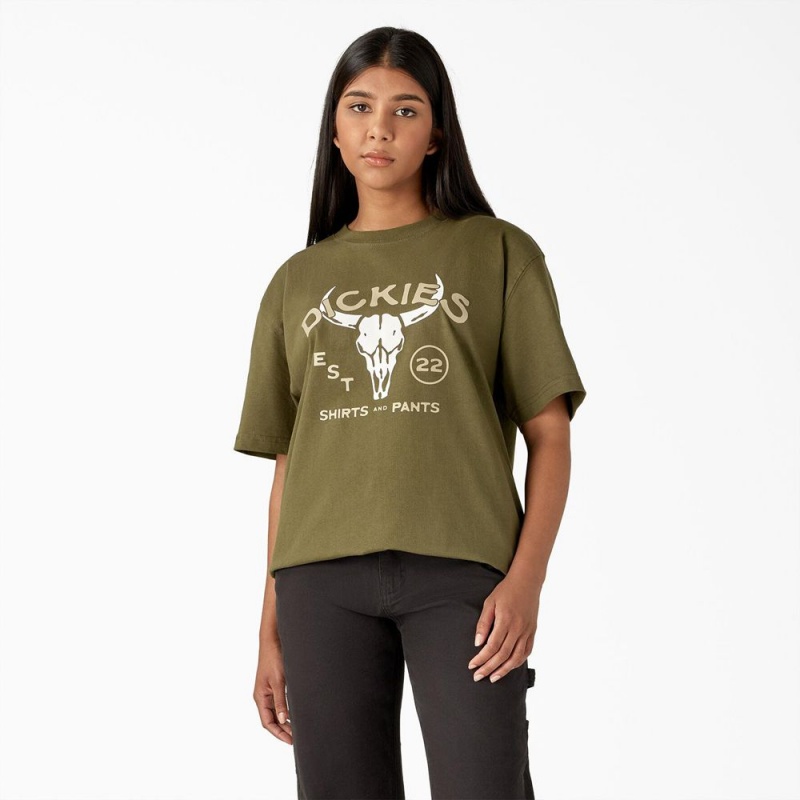 Women's Dickies Bull Skull Heavyweight T-Shirt Green | 2510637-GE