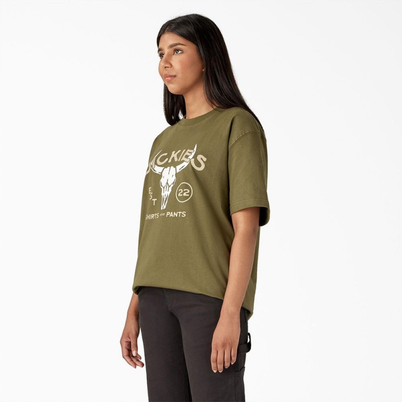 Women's Dickies Bull Skull Heavyweight T-Shirt Green | 2510637-GE