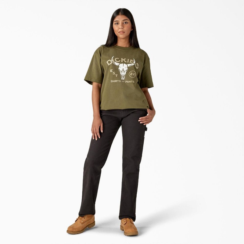 Women's Dickies Bull Skull Heavyweight T-Shirt Green | 2510637-GE