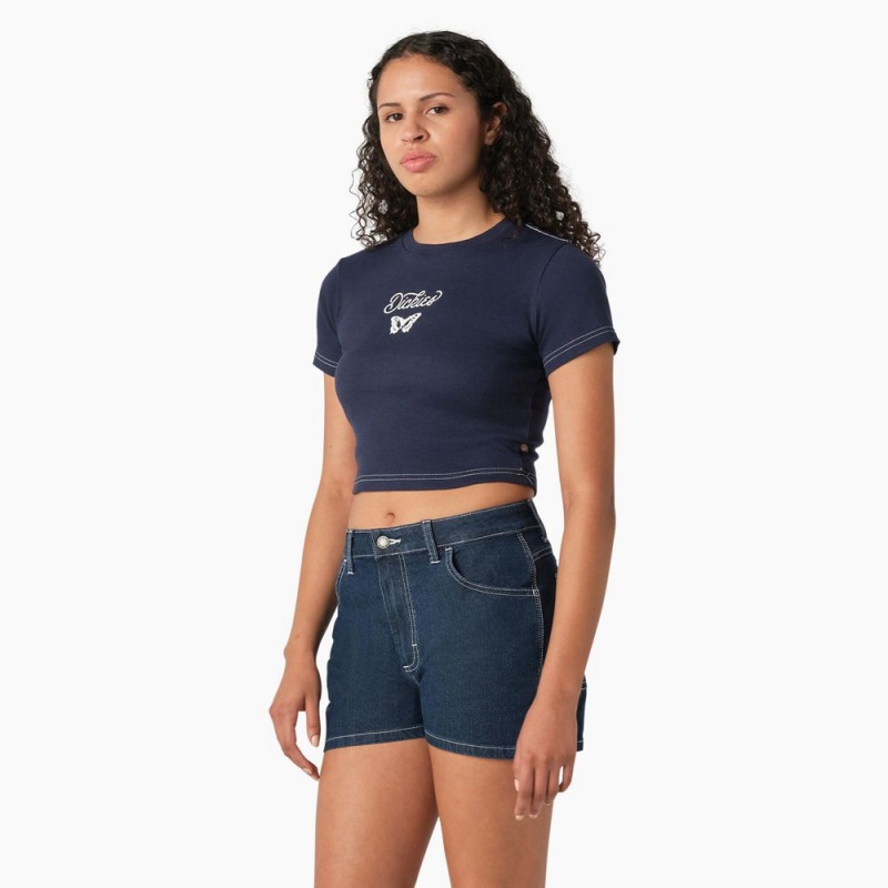 Women's Dickies Butterfly Graphic Cropped Baby T-Shirt Navy | 6128593-SV