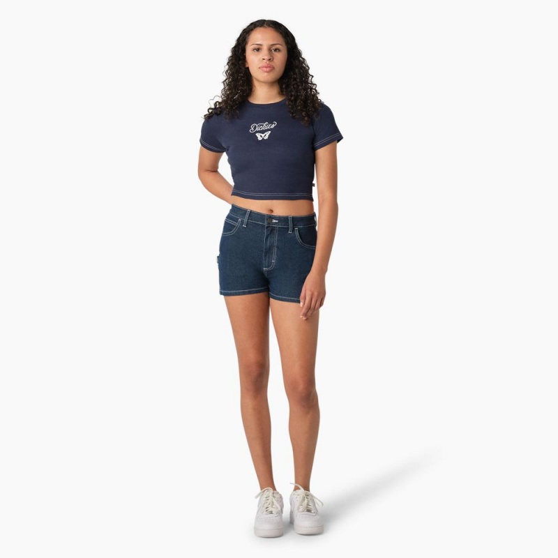 Women's Dickies Butterfly Graphic Cropped Baby T-Shirt Navy | 6128593-SV