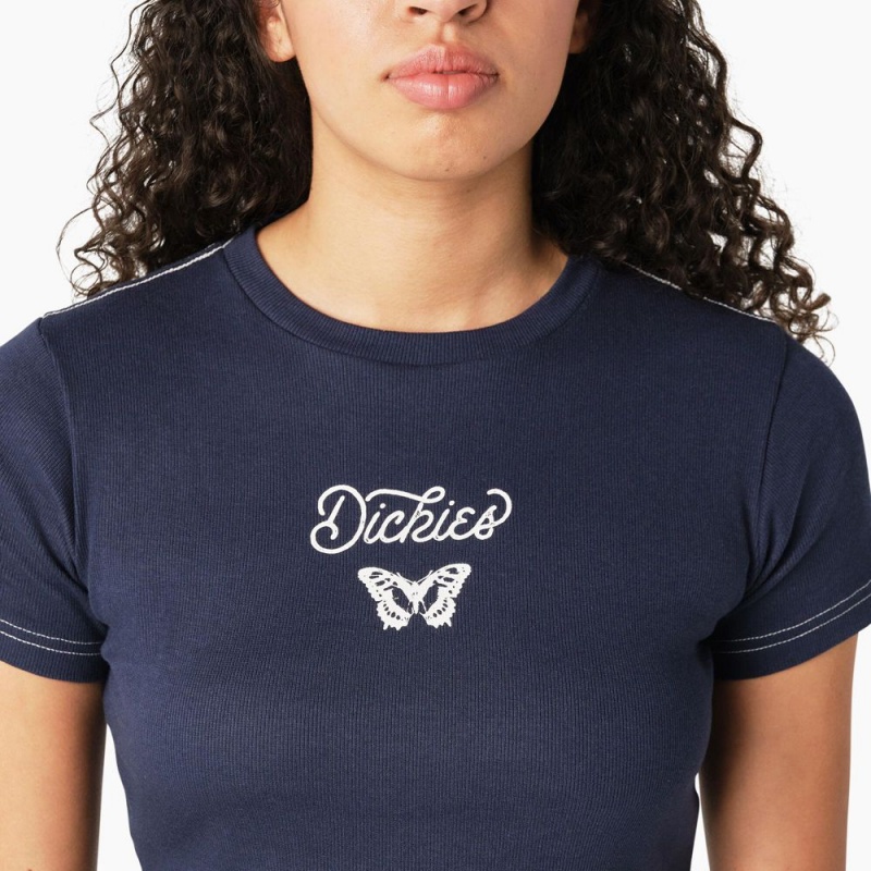 Women's Dickies Butterfly Graphic Cropped Baby T-Shirt Navy | 6128593-SV