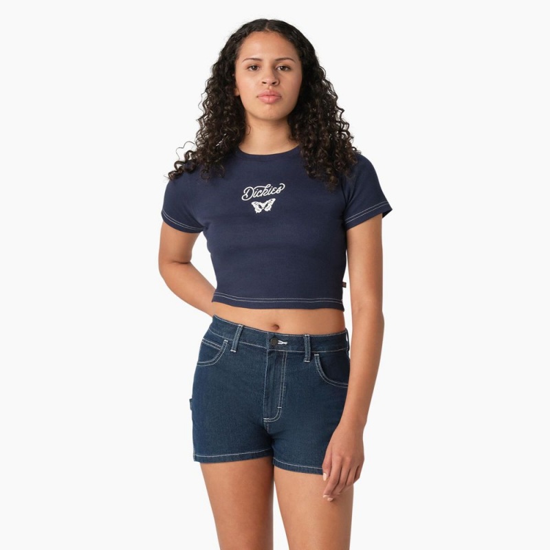 Women\'s Dickies Butterfly Graphic Cropped Baby T-Shirt Navy | 6128593-SV