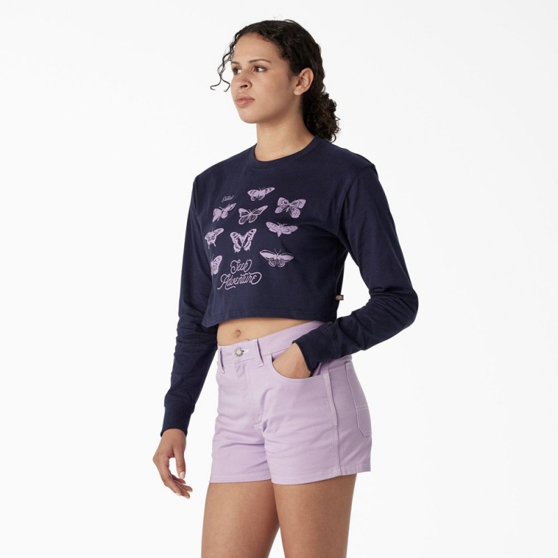 Women's Dickies Butterfly Graphic Long Sleeve Cropped T-Shirt Navy | 0957236-DU