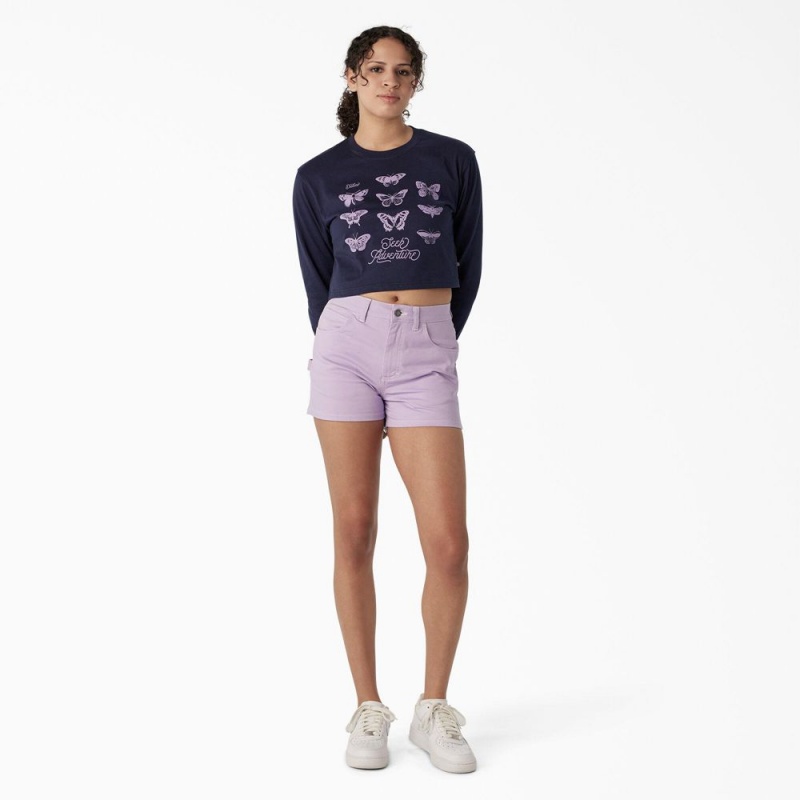 Women's Dickies Butterfly Graphic Long Sleeve Cropped T-Shirt Navy | 0957236-DU