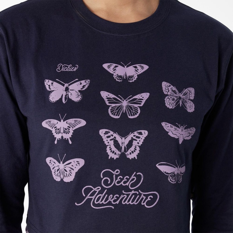 Women's Dickies Butterfly Graphic Long Sleeve Cropped T-Shirt Navy | 0957236-DU