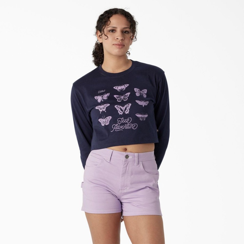 Women\'s Dickies Butterfly Graphic Long Sleeve Cropped T-Shirt Navy | 0957236-DU