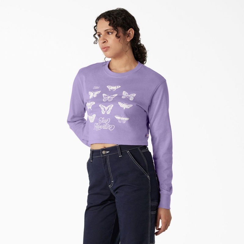 Women's Dickies Butterfly Graphic Long Sleeve Cropped T-Shirt Purple | 6152930-NF