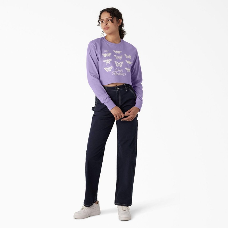 Women's Dickies Butterfly Graphic Long Sleeve Cropped T-Shirt Purple | 6152930-NF