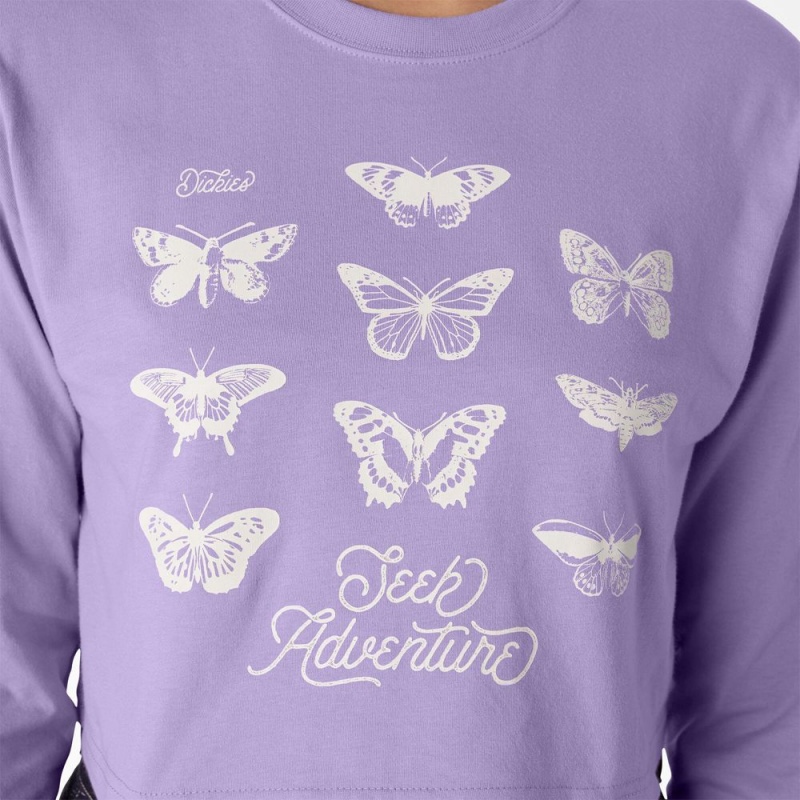 Women's Dickies Butterfly Graphic Long Sleeve Cropped T-Shirt Purple | 6152930-NF