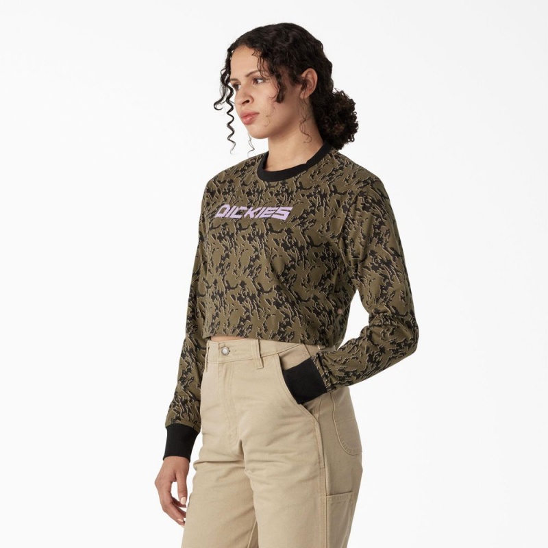 Women's Dickies Camo Long Sleeve Cropped T-Shirt Green | 3928450-GE