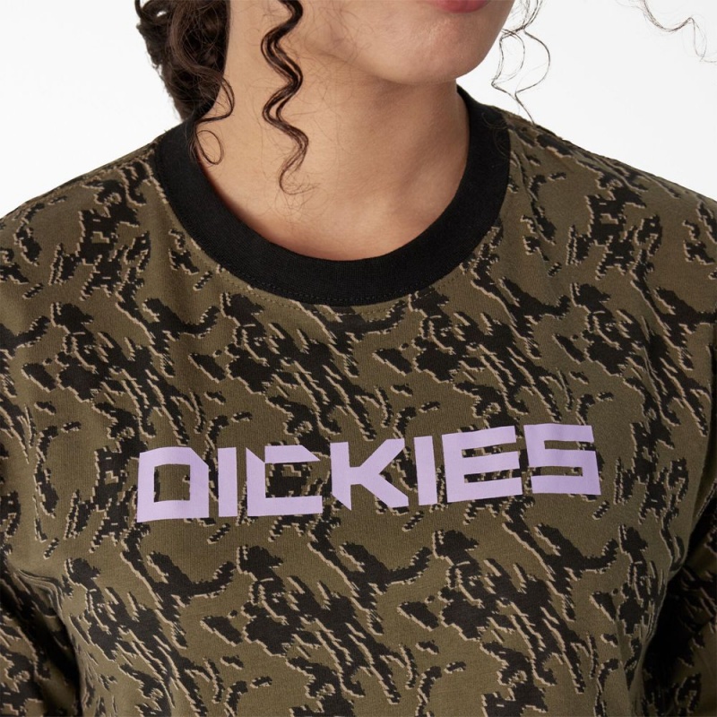 Women's Dickies Camo Long Sleeve Cropped T-Shirt Green | 3928450-GE