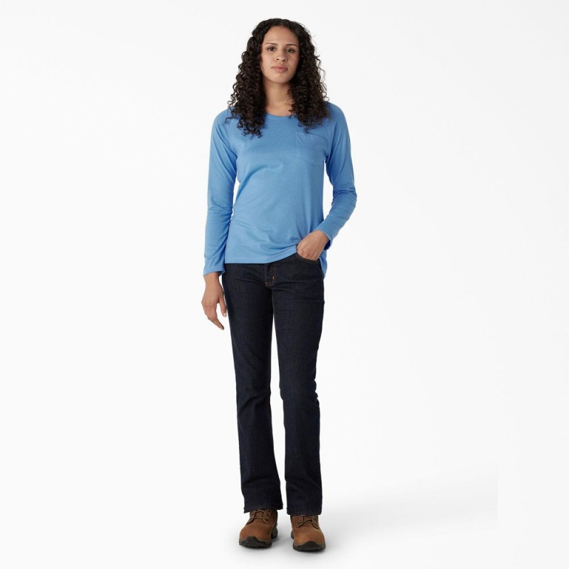 Women's Dickies Cooling Long Sleeve Pocket T-Shirt Blue | 8120749-XN