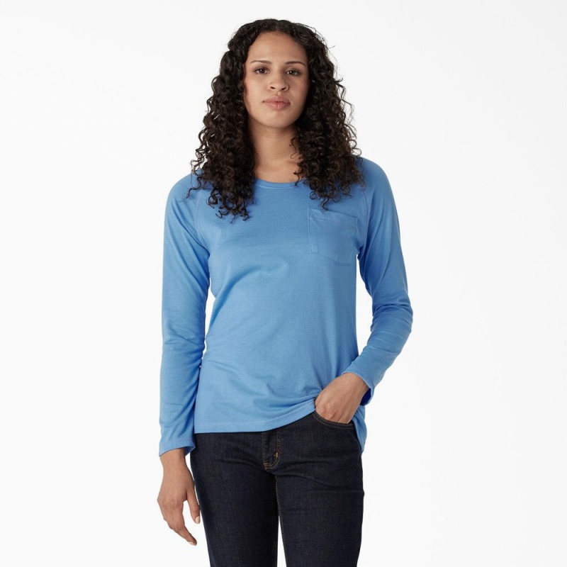 Women\'s Dickies Cooling Long Sleeve Pocket T-Shirt Blue | 8120749-XN