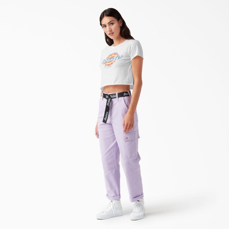 Women's Dickies Distressed Logo Cropped T-Shirt White | 2385016-EL