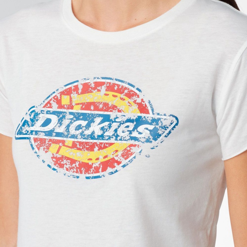 Women's Dickies Distressed Logo Cropped T-Shirt White | 2385016-EL