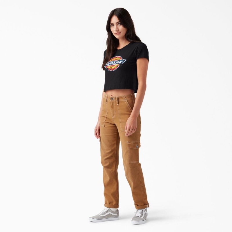 Women's Dickies Distressed Logo Cropped T-Shirt Black | 2358091-XG