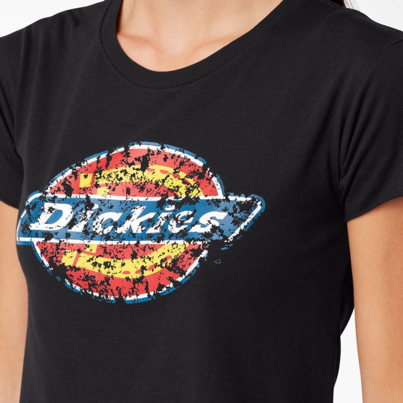 Women's Dickies Distressed Logo Cropped T-Shirt Black | 2358091-XG