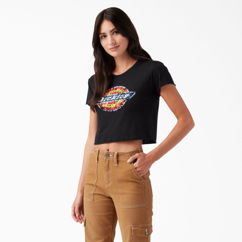 Women\'s Dickies Distressed Logo Cropped T-Shirt Black | 2358091-XG