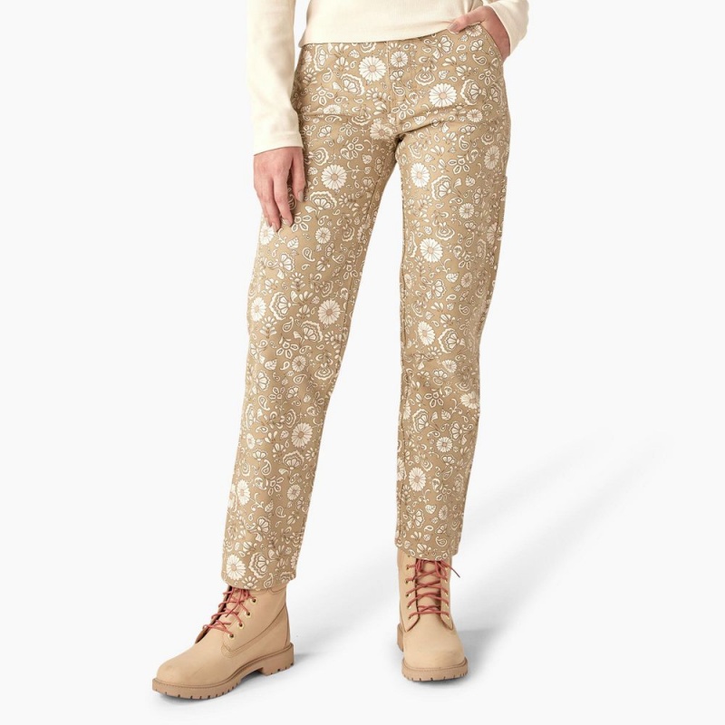 Women\'s Dickies Ellis Floral Duck Canvas Pants Khaki | 6948572-QS