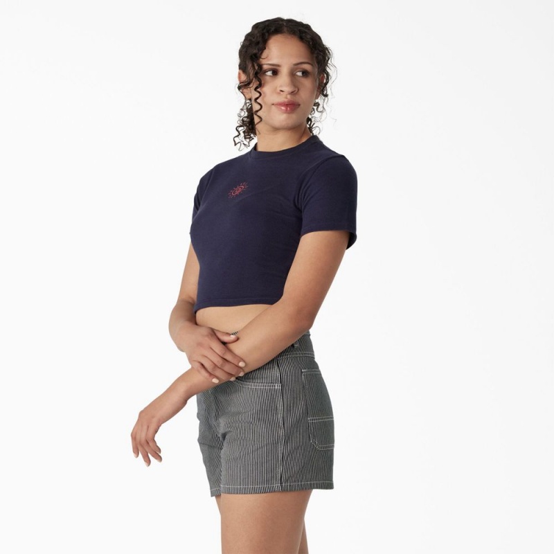 Women's Dickies Embroidered Cropped Baby T-Shirt Navy | 4210678-PZ