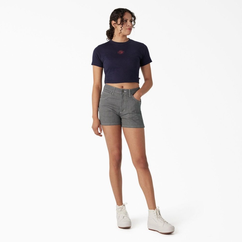 Women's Dickies Embroidered Cropped Baby T-Shirt Navy | 4210678-PZ