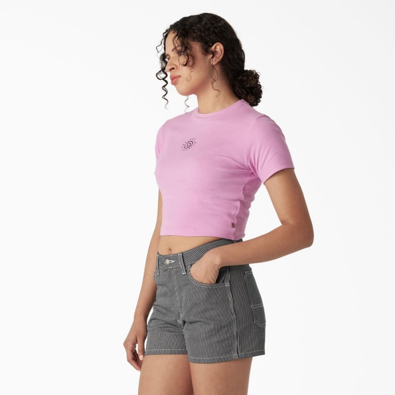 Women's Dickies Embroidered Cropped Baby T-Shirt Pink | 0472158-IA