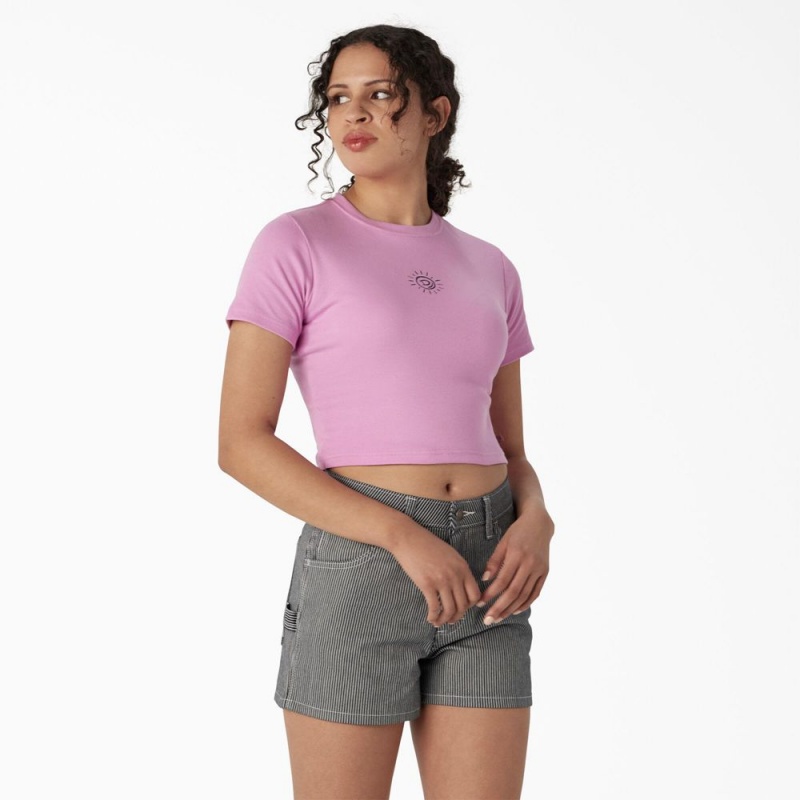 Women\'s Dickies Embroidered Cropped Baby T-Shirt Pink | 0472158-IA