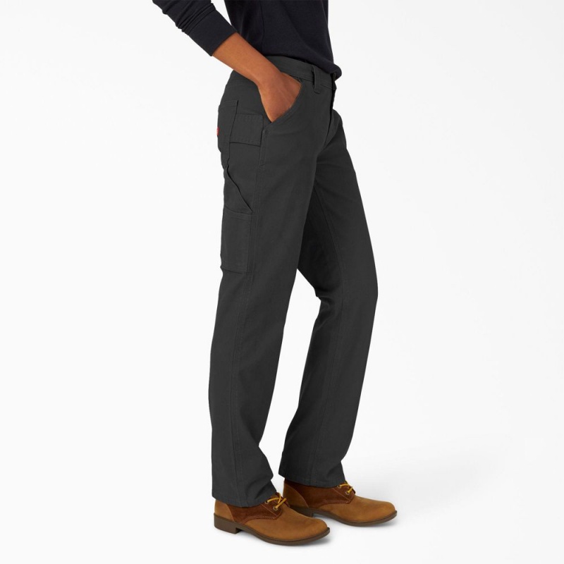 Women's Dickies FLEX Relaxed Straight Fit Duck Carpenter Pants Black | 8617359-FJ