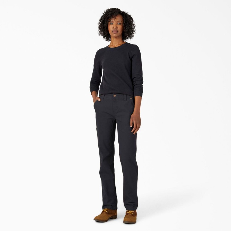 Women's Dickies FLEX Relaxed Straight Fit Duck Carpenter Pants Black | 8617359-FJ