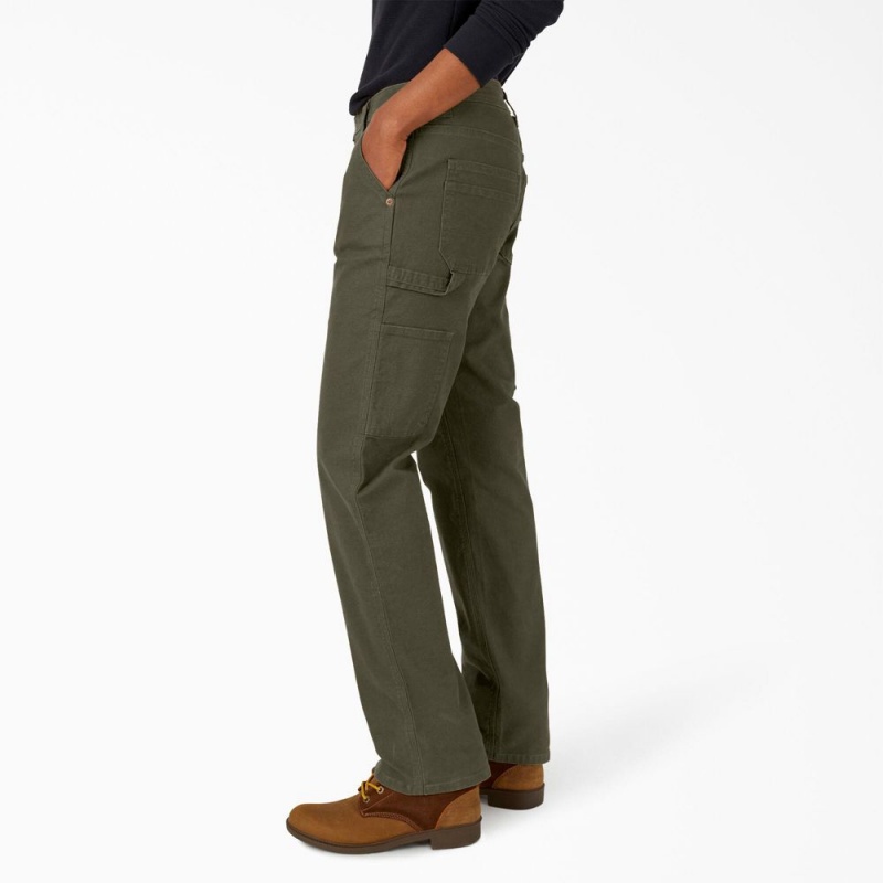 Women's Dickies FLEX Relaxed Straight Fit Duck Carpenter Pants Green | 9427316-XT