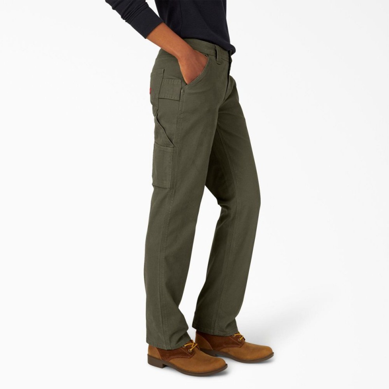 Women's Dickies FLEX Relaxed Straight Fit Duck Carpenter Pants Green | 9427316-XT